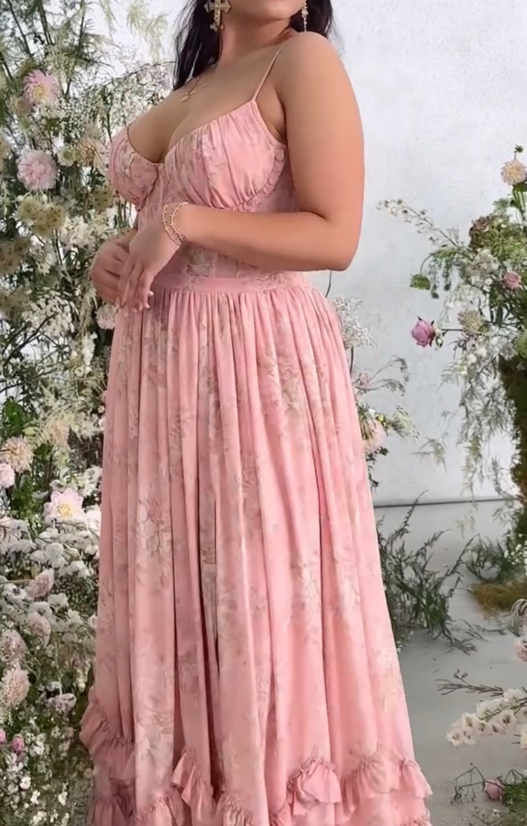 Sexy Bandeau Fish Bone Print Pleated Ruffled Long Dress