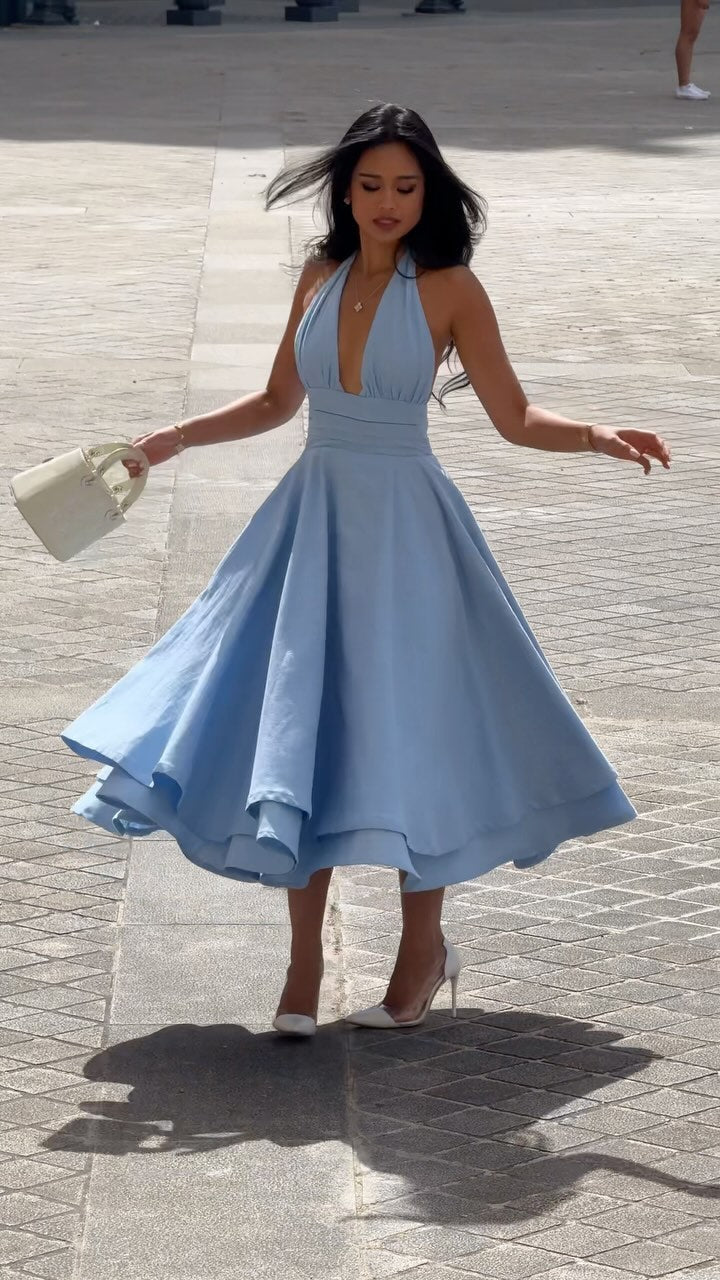 Fashion Halter Backless Pure Color Ruffles Large Swing Dress