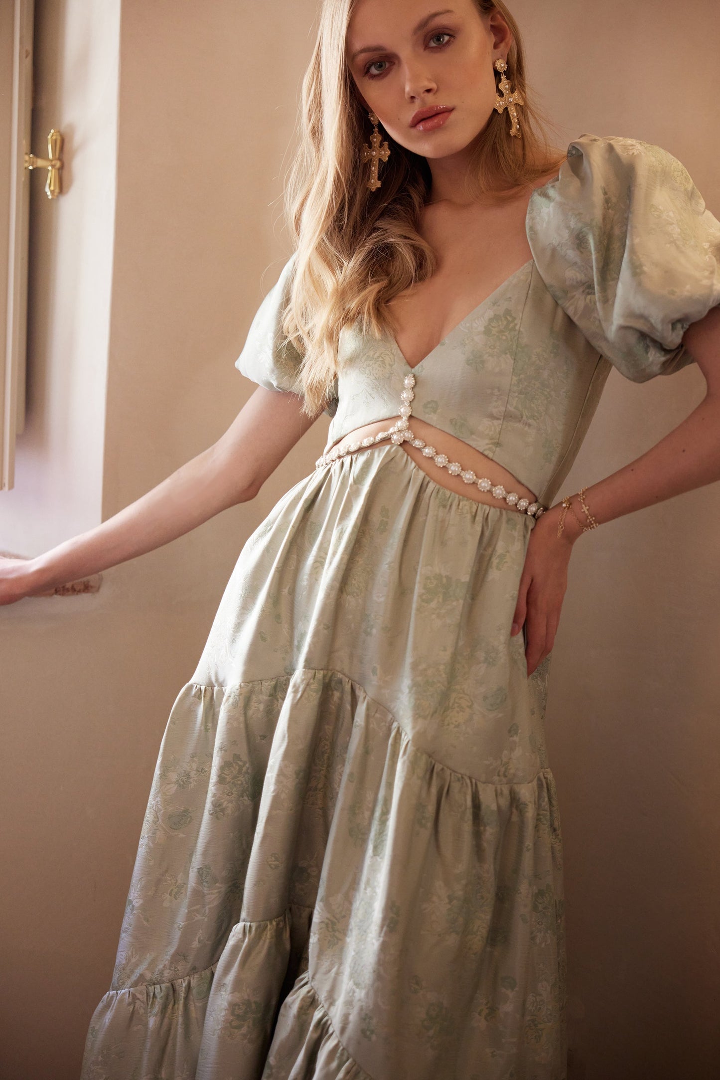 The Emma Dress in Sage Windsor Brocade