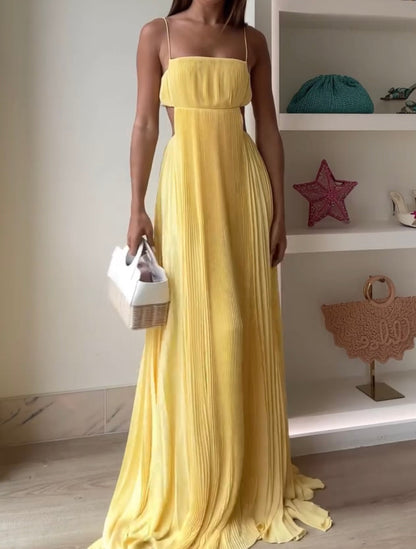 Sexy Elegant Waist Slimming Yellow Gallus Pleated Hollow Dress