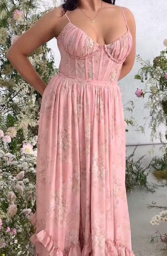 Sexy Bandeau Fish Bone Print Pleated Ruffled Long Dress