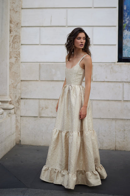 The Avery Dress in Taupe Duchess