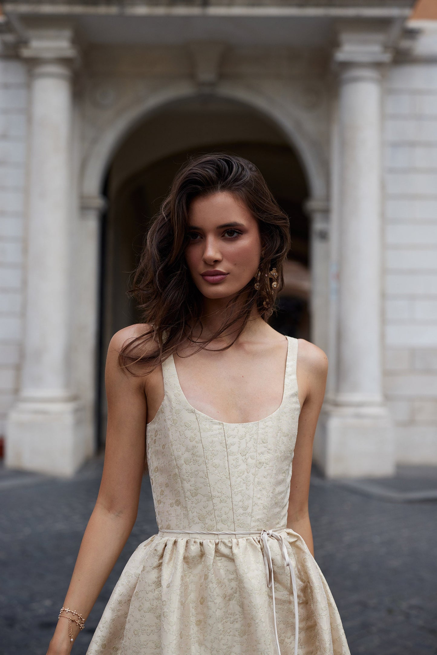 The Avery Dress in Taupe Duchess