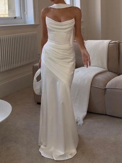 Tube Top Sleeveless Pleated Slim White Simple Dress