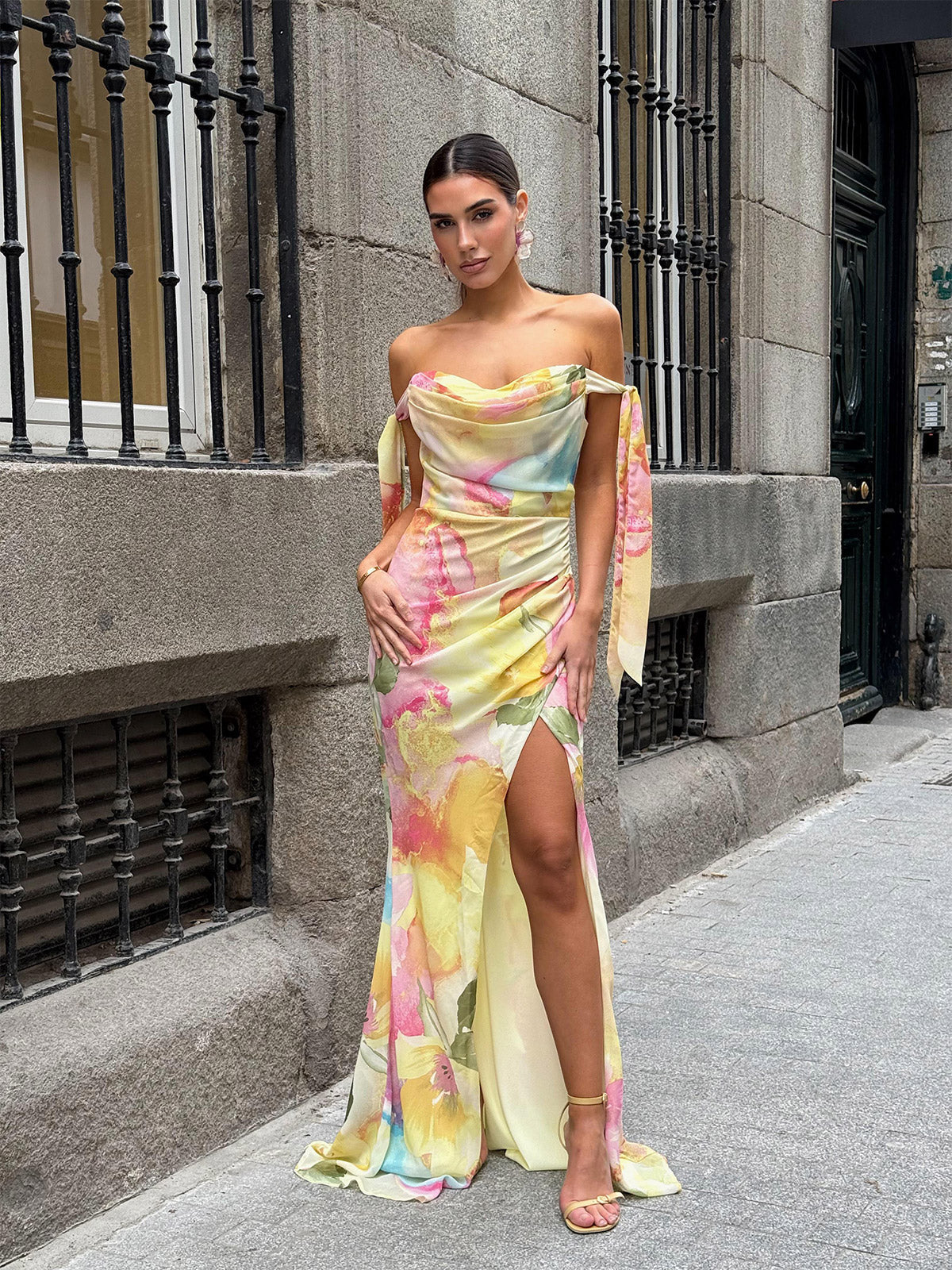 Sexy Tube Top Printed Ribbon Split Dress