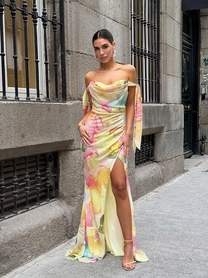 Sexy Tube Top Printed Ribbon Split Dress