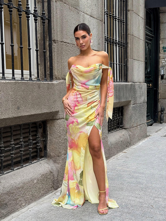 Sexy Tube Top Printed Ribbon Split Dress