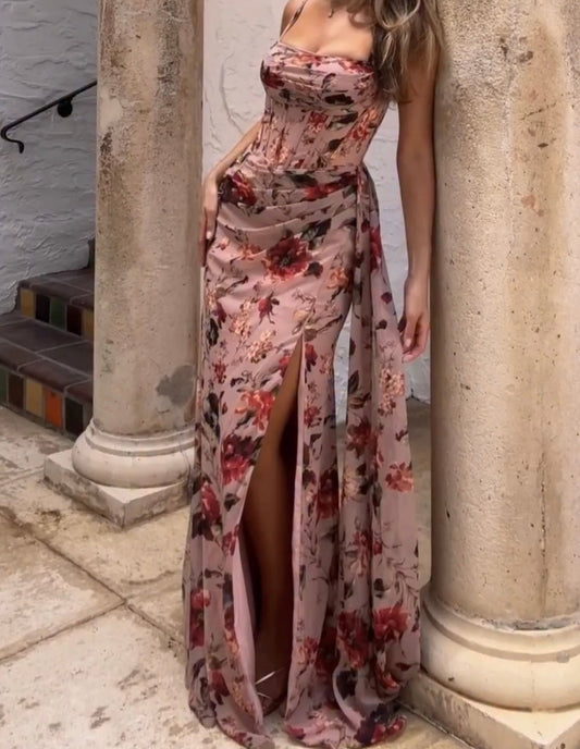 Sexy Sling Fishbone Floral Print Slit Dress