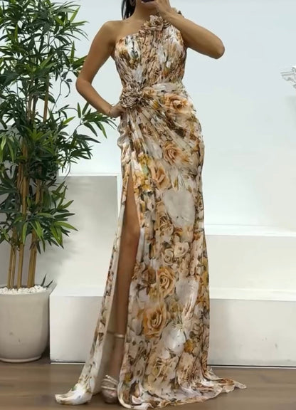 Elegant Shoulder Pleated Print Dress